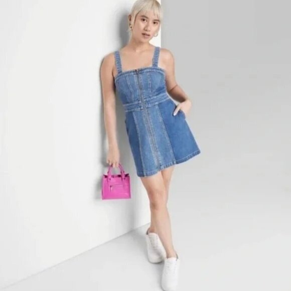 Wild Fable Denim Mini Pinafore Medium Wash Patchwork Dress XS - Picture 1 of 3